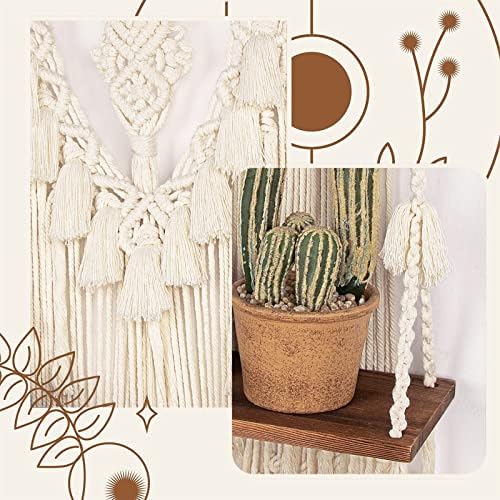 2-Tier Macrame Wall Hanging Shelf & Boho Decor, Wooden Floating Shelves