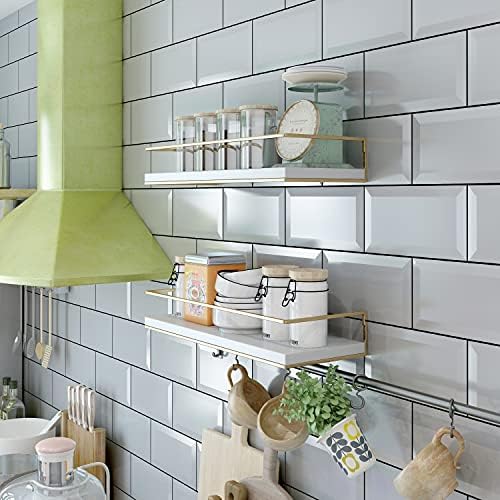 Shario White Floating Shelves - Set of 2, Wall Mounted Hanging Shelves with Golden Towel Rack, Decorative Storage Shelve