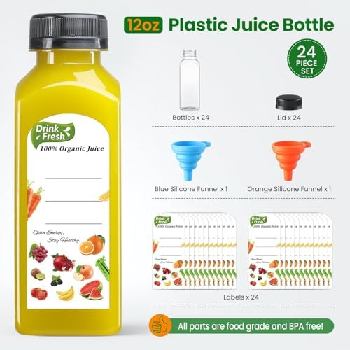 24 PACK, 12 OZ Reusable Thicker Plastic Juice Bottles with Caps, Leakproof