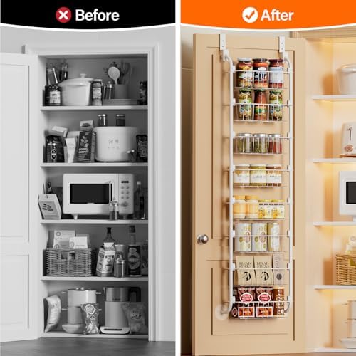 Delamu Narrow Over The Door Pantry Organizer, 8-Tier Metal Pantry Door Organization and Storage for Easy Install, Hangin