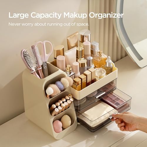 HBlife Makeup Organizer with Brush Holder for Vanity, Large Plastic Bathroom Countertop Organizer Skin Care Storage, Eas