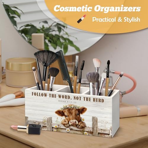Farmhouse Highland Cow Christian Pen Holder Organizer for Desk Accessories, Highland Cow Gifts, Isaiah 8:11-13 Bible Verse Religious Wooden Box Sign Desk Decorations for Home Office Decor