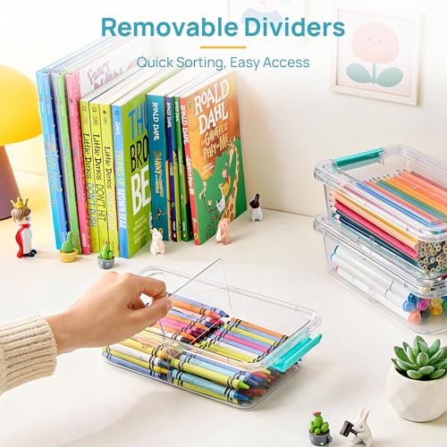Vtopmart 4 Pack 1.5Qt Clear Pencil Box, Plastic Pencil Holder with Removable Divider for Pen Organizer, Small Stackable 