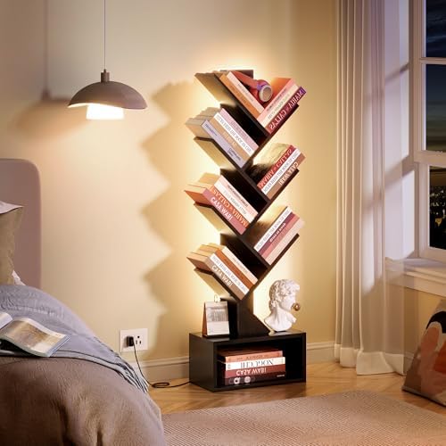 Hoctieon 6 Tier Tree Bookshelf, Tall Bookcase with Drawer, Freestanding Book Shelf with LED Lights, Display Floor Standi