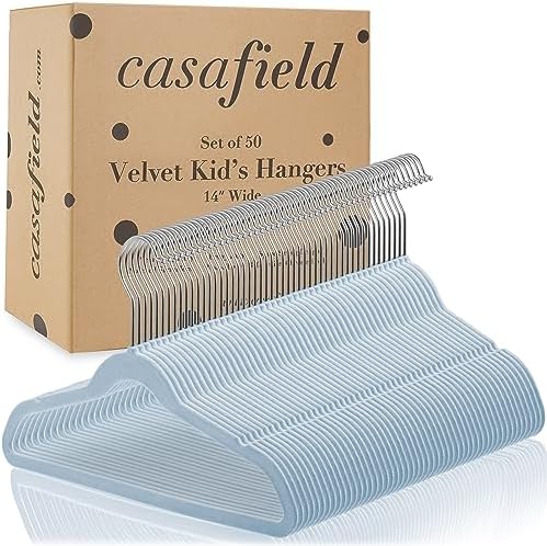 Casafield 50 Velvet Kid's Hangers - 14" Size for Children's Clothes - Light Blue
