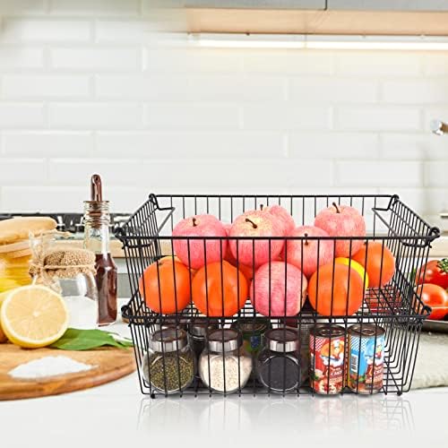 Set of 2 Stackable XXL Wire Baskets For Pantry Storage and Organization -16x12in Large Metal Food Baskets -Vegetable,Fru