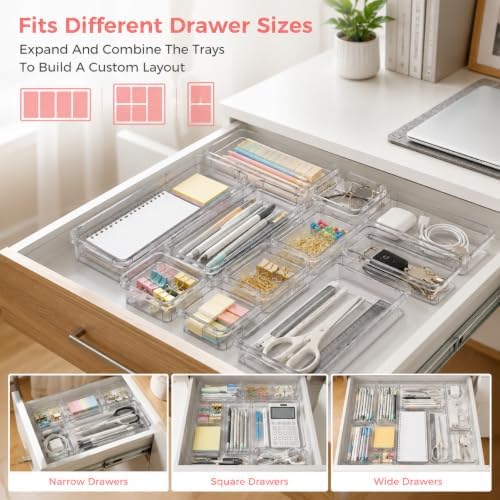 15 Pcs Expandable Drawer Organizer,Adjustable Drawer Organizer,2-Size,Clear