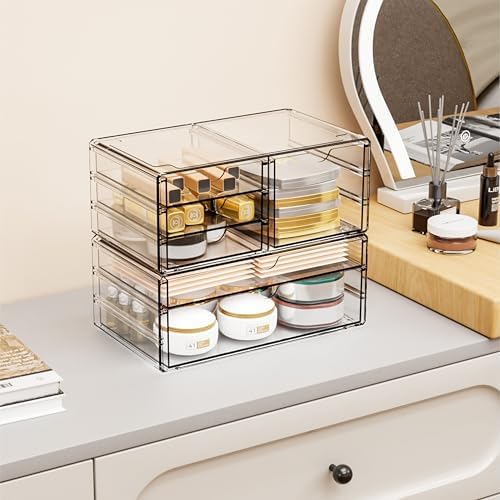 Yieach 2 Pack Acrylic Drawer Organizer With 6 Drawers,Stackable 11.1” Large Clear Storage Drawers and Makeup Organizer F
