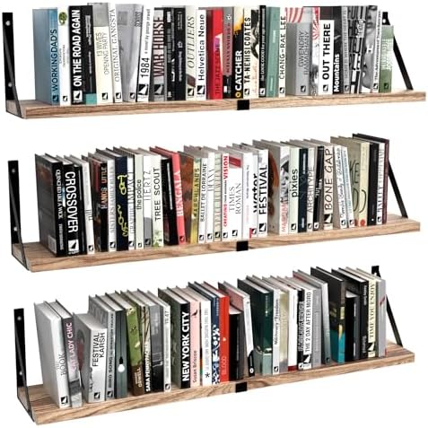 Floating Book Shelves Set of 3, Wall Bookshelf, 33 inch Long Wood Shelf for Wall Storage, Hanging Shelving for Bedroom, 