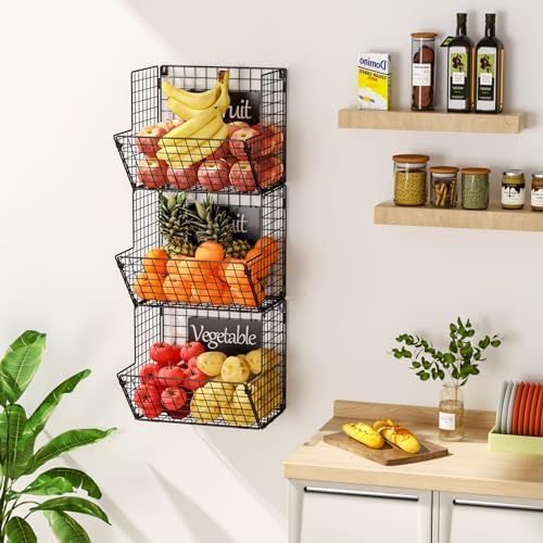 X-cosrack Metal Wire Basket Wall Mount, 3 Tier Wall Storage Basket Organizer with Hanging Hooks Chalkboards, Rustic Kitc
