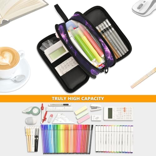 Butterflies Purple Neon Pencil Case Box Boys Girls Large Pencil Pouch Zipper Compartments Big Capacity Stationery Pen Bag Organizer for Kids Teens Adults School Office