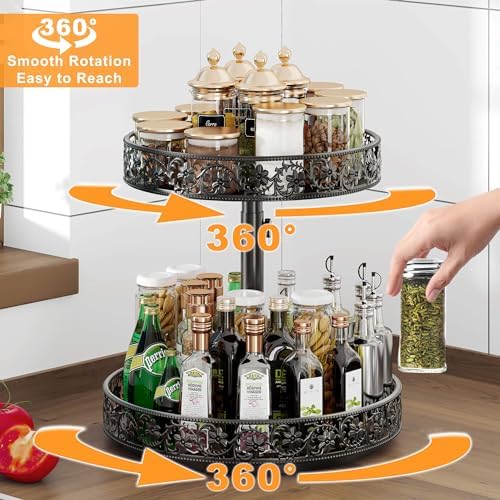 2 Tier Lazy Susan Organizer Turntable Height Adjustable, Black