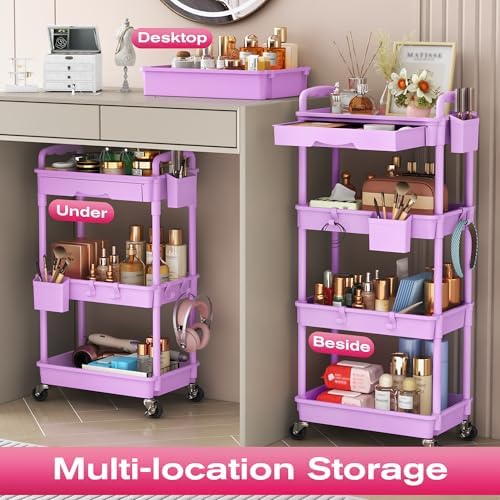 Goovilla Rolling Makeup Organizer Cart with Removable Drawer, 3 Tier Purple