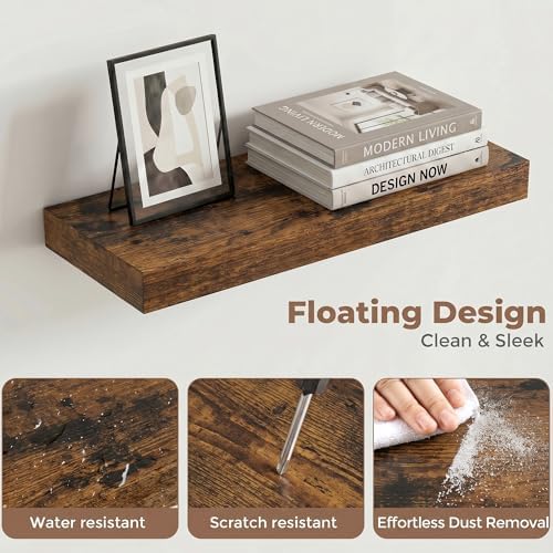16 Inch Floating Shelves for Wall, 6.5"D Wood Storage Shelves, Brown Finish