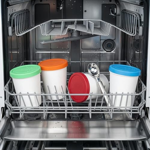 Peohud 4 Pack Ice Cream Containers, 1 Quart Freezer Storage Tubs with Silicone Lids and Spoon for Ice Cream, Sorbet and Gelato, Freezer Dishwasher Safe