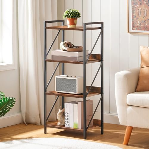 HOOBRO Bookshelf, 4-Tier Industrial Bookcase, Book Shelf Storage Organizer, Small Bookshelf with Metal Frame for Living 
