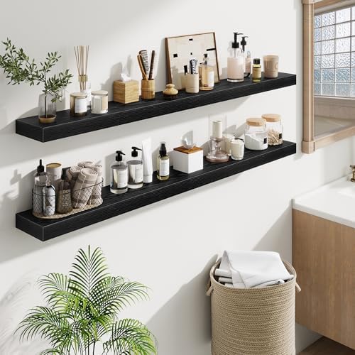 Fun Memories 55 Inch Floating Shelves Bedroom, Large Extra Floating Shelf Set of 2 with Invisible Brackets, Black