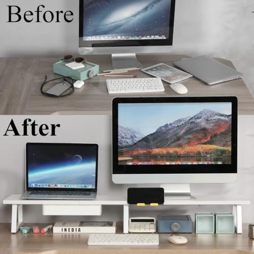 TEAMIX 42 inch Dual Monitor Stand with Storage Drawer & Phone Holder, White