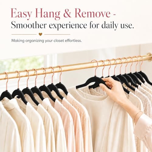 Smartor Black Velvet Hangers 50 Pack, Non Slip Rose Gold Hook Felt Hangers