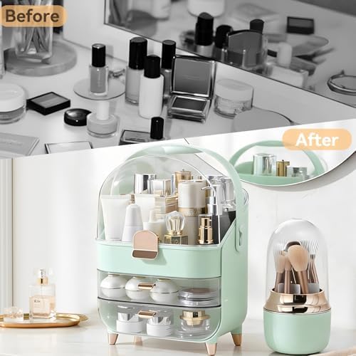 Makeup Organizer for Vanity with Brush Holder, Lid and 2 Drawers, Green