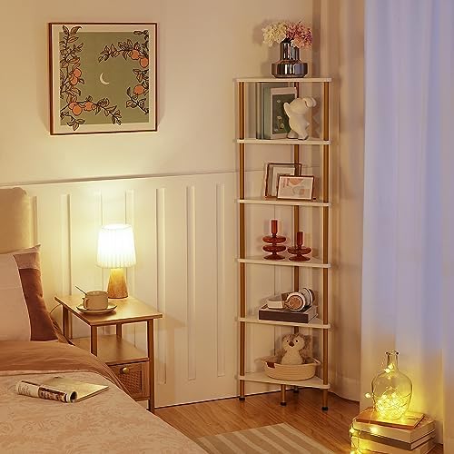HOOBRO Corner Shelf Stand, Industrial 6-Tier Wall Corner Bookshelf with Metal Frame, Plant Display Shelf, Bookcase for S