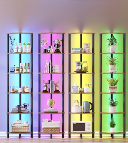 VIMBER 6-Tier Corner Shelf with LED Light, Industrial Corner Ladder Shelf, Rustic Display Shelf for Living Room, Bedroom