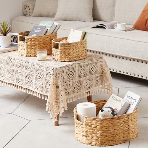 Vagusicc Wicker Basket, 3-Pack Hand-Woven Water Hyacinth Wicker Storage Basket with Handles, Large Woven Storage Baskets