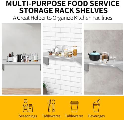 14" D x 36" W Stainless Steel Wall Mounted Shelves, Floating Shelving with Brackets, Commercial Shelf Perfect for Restau