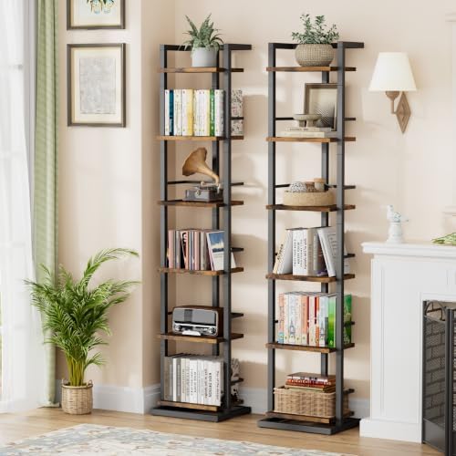 Furniture Bookshelf, 6 Tier Narrow Bookcase, Tall Wood Book Shelf Storage Organizer, Industrial Metal Frame Standing Dis