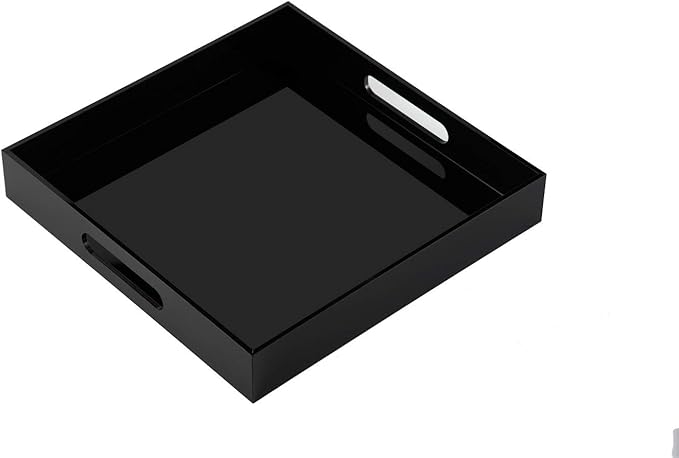KEVLANG Glossy Black Acrylic Serving Tray - 14x14Inch, Multipurpose, Sturdy, Modern Style, Spill Proof, Countertop Organizer, Vanity Table Tray