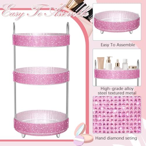 Honeydak Bling Rotating Cosmetic Display, 3 Tiers, Resin Diamond, Pink