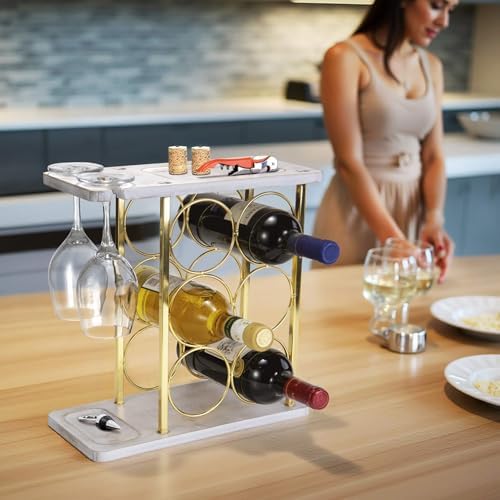 Gold Wine Rack with Glass Holder, Countertop Wooden Wine Holder for 6 Bottles & 2 Glasses, Includes Storage Trays for Co