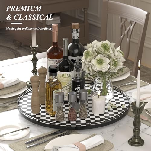 AMH 21-Inch Black and White Checkerboard Lazy Susan Decorative Tray