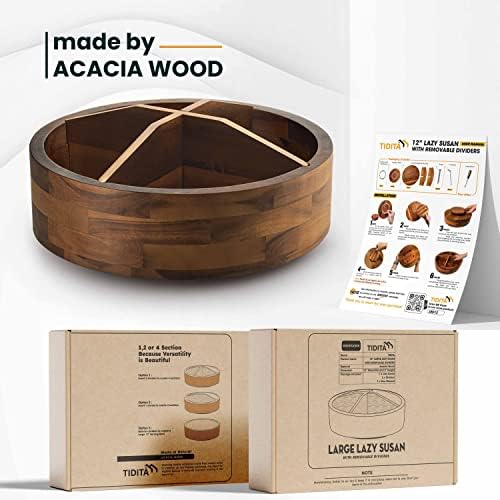 TIDITA 12" Wooden Lazy Susan Organizer with 4 Dividers, High Rim, Rotate