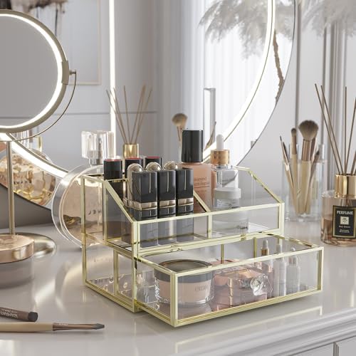 FSyueyun Glass Makeup Organizer with Drawer for Vanity, Clear and Gold