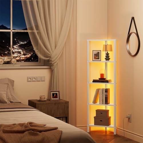 TUTOTAK Corner Shelf with LED Light, 5-Tier Corner Bookshelf