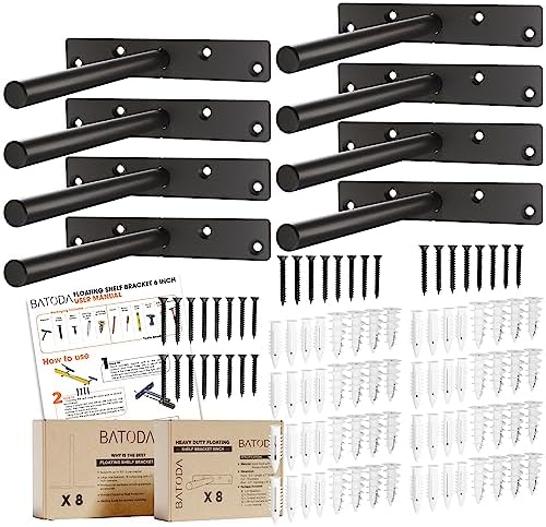BATODA - 6" Floating Shelf Bracket Heavy Duty (8 pcs)-Solid Steel Blind Shelf Supports - Hidden Brackets for Floating Wo