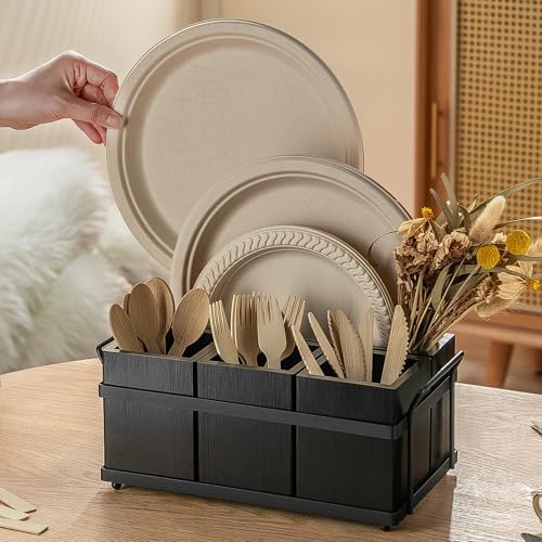 PTSTING Silverware Caddy Black Wood Silverware Holder Paper Plate Dispenser