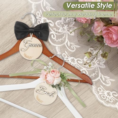 Bride & Groom Hanger with Personalized Name Tags, 2 Pack Dark Wood & White Wood Bridal Dress Hanger for Wedding Day Phot