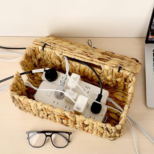 BTSKY Woven Cable Management Box with Lid Water Hyacinth Cord Organizer, L