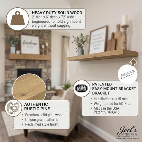 joelsantiques 72 inch Wooden Floating Shelves for Wall - 72x6x2 in, High End Solid Natural Wood, Heavy Duty Bracket, Wal