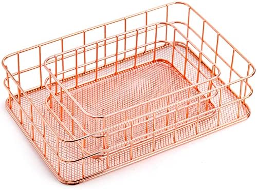 Hacaroa 4 Pack Rose Gold Wire Mesh Basket, Metal Desk Drawer Organizer Desktop Holder Tray for Cosmetic, Stationery, Magazines, Fruit Snacks, Home, School, Office, 2 Size