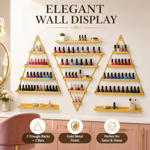 Gold Nail Polish Display Racks, 6-Piece Iron Triangle Wall-Mounted, 110lb Capacity, 26x2.76x27.6in for Salon and Home Or