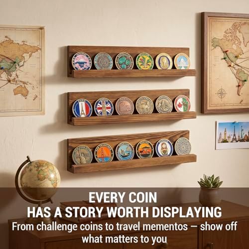 MyGift Challenge Coin Display Wall Mounted Military Challenge Coin Display Holder and Coin Collection Ledge Shelf Rack, 