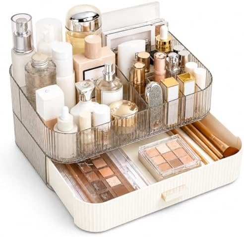 Makeup Organizer with Wide Drawer for Vanity, Stackable Cosmetic Organizer Countertop, Clear Skincare Storage for Bathro