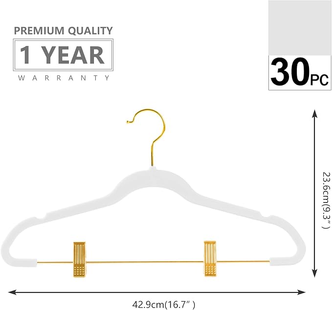 MIZGI Premium Velvet Pants Hangers with Adjustable Clips (Pack of 30) Slim Skirt Hangers- Non Slip Felt Outfit Dress Hangers White - Gold Hooks,Space Saving Shirt Clothes Hangers