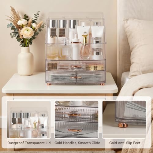 Makeup Organizer Countertop for Vanity with Lid and 2 Drawers, Clear White