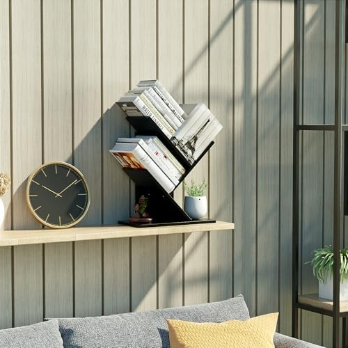 R RUISHENG 3 Tier Small Tree Bookshelf Storage Organizer Shelves Floor Standing Bookcase Desk Wood Storage Rack for Home