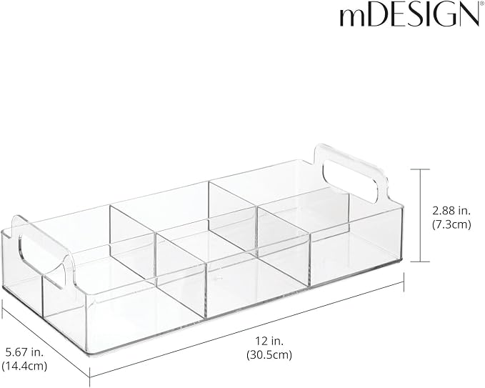 mDesign Compact Plastic Tea Storage Organizer Caddy Tote Bin - 6 Divided Sections, Built-in Handles - Holder for Tea Bags, Packets, Sweeteners and Small Packets - Lumiere Collection - Clear