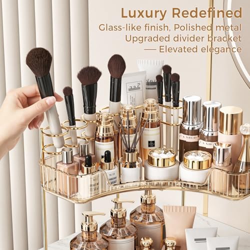 BEFSOP Corner Bathroom Counter Organizer, Upgraded 3-Tier Makeup Organizer Countertop with Makeup Brush Holder, Skincare